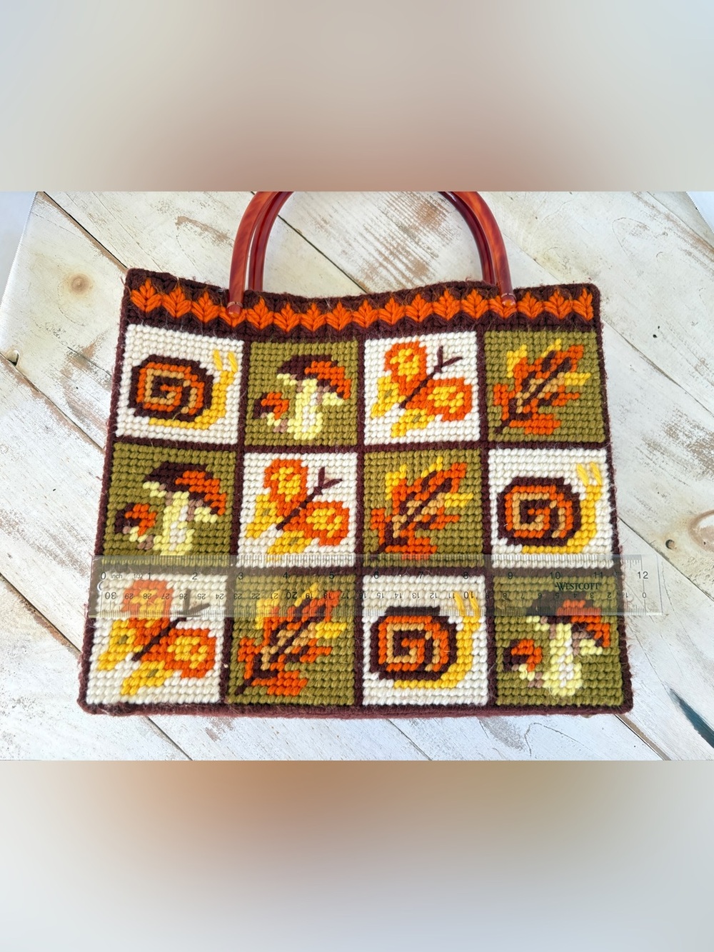 Vintage 70s Columbia Minerva Forest Naturals Needlepoint Patchwork Tote Bag EUC - Picture 3 of 14
